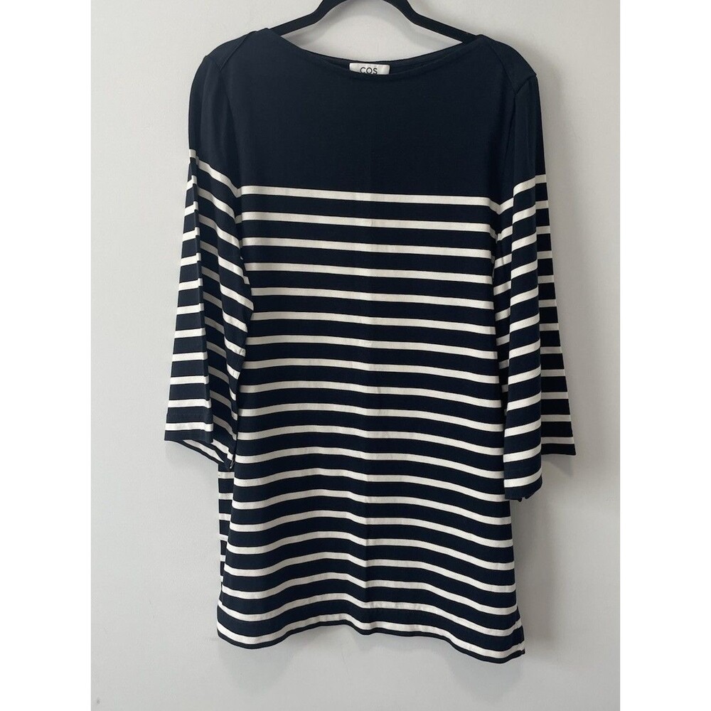 COS Navy & White Striped Midi Dress with Boat Neck